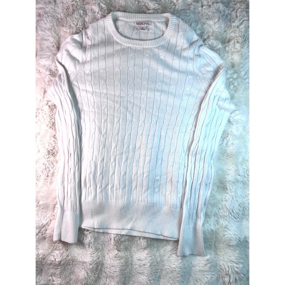 Merona White Cable Knit Crew Neck Long Sleeve Sweater Small Classic Layering A12